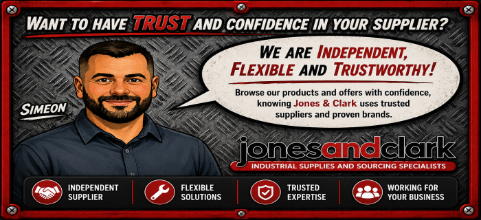 Illustration of Simeon from Jones and Clark with a speech bubble stating “We are independent, flexible and trustworthy”, set against an industrial metal background with the Jones and Clark logo in the bottom right.